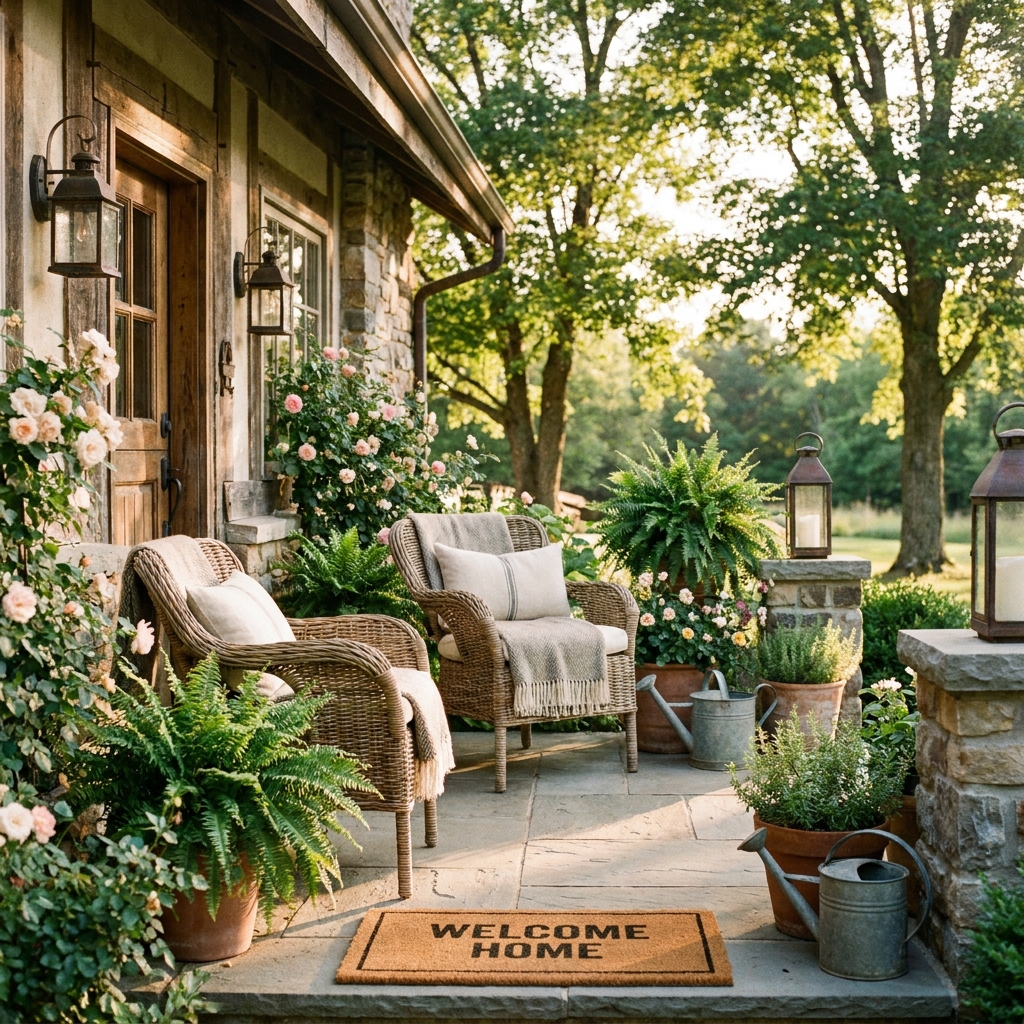 14 Secret Front Porch & Entryway Ideas That Will Make Your Home the Most Welcoming on the Block (Wait Until You See #7!) Charming cottage front porch with wicker chairs, lush greenery and a welcoming doormat in golden hour light