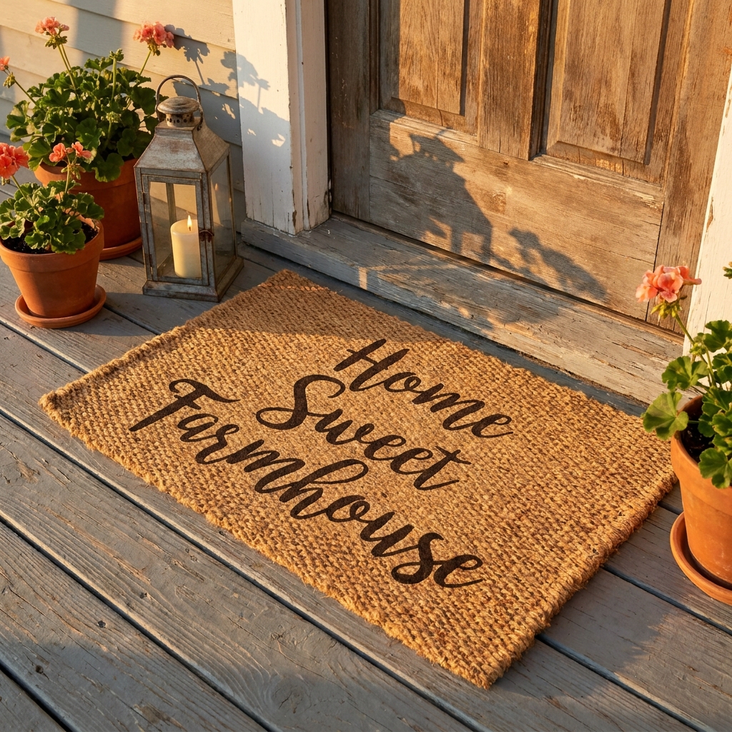 14 Secret Front Porch & Entryway Ideas That Will Make Your Home the Most Welcoming on the Block (Wait Until You See #7!) Stylish coir doormat with a warm, inviting message sitting on a weathered wood porch