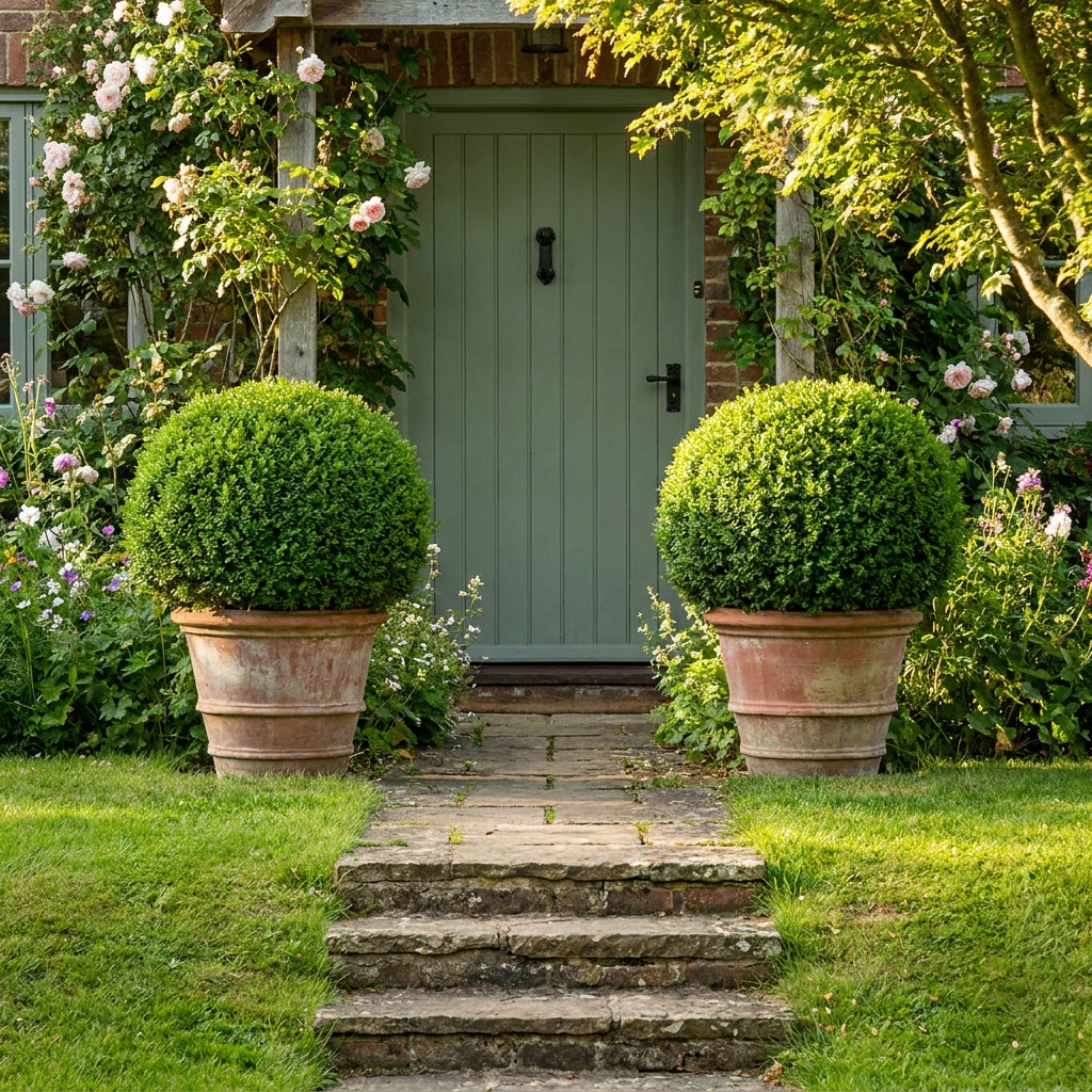 14 Secret Front Porch & Entryway Ideas That Will Make Your Home the Most Welcoming on the Block (Wait Until You See #7!) Symmetrically placed terracotta pots with lush boxwood topiaries flanking a farmhouse front door