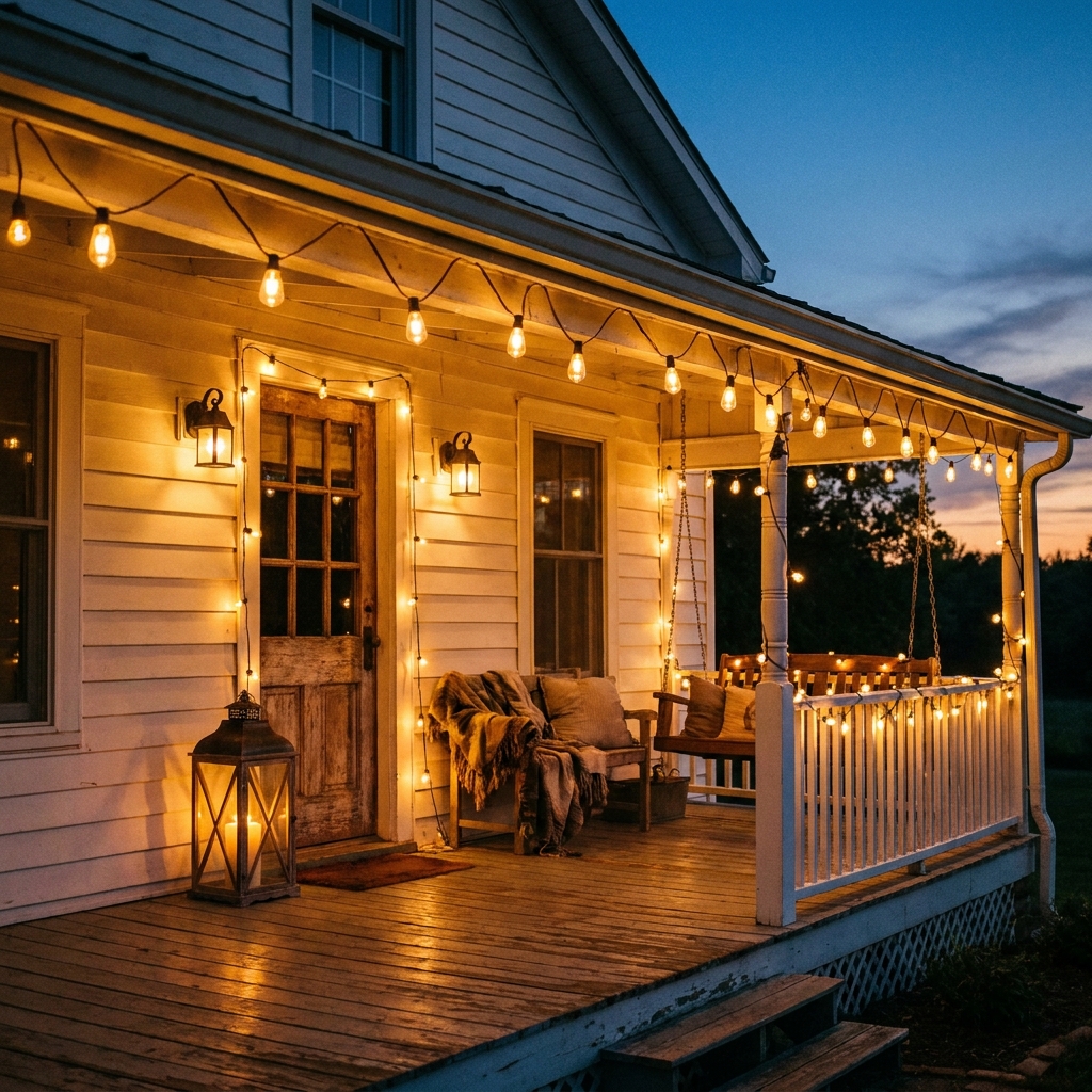 14 Secret Front Porch & Entryway Ideas That Will Make Your Home the Most Welcoming on the Block (Wait Until You See #7!) Warm Edison bulb string lights draping over a cozy cottage front porch at dusk with a glowing pendant lantern