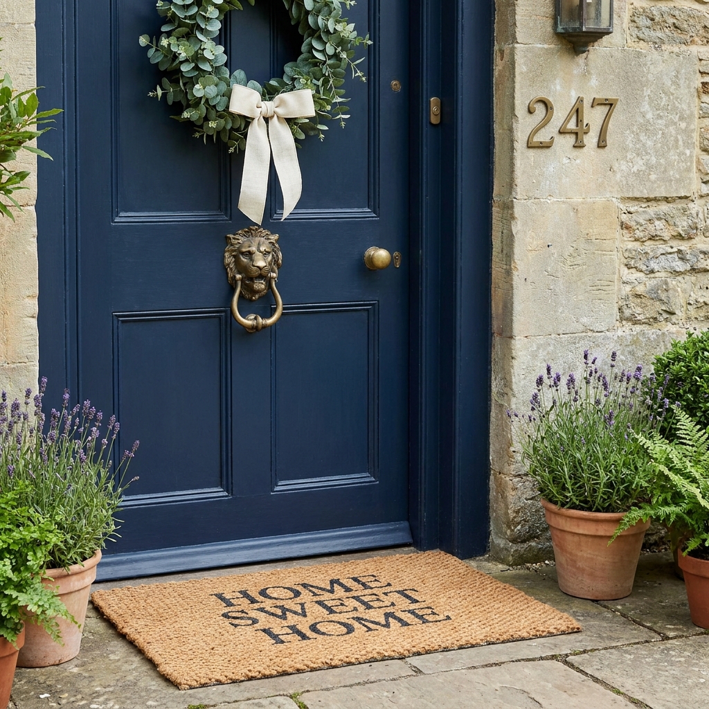 14 Secret Front Porch & Entryway Ideas That Will Make Your Home the Most Welcoming on the Block (Wait Until You See #7!) Navy blue painted front door with a brass knocker, fresh flower wreath and chunky welcome mat