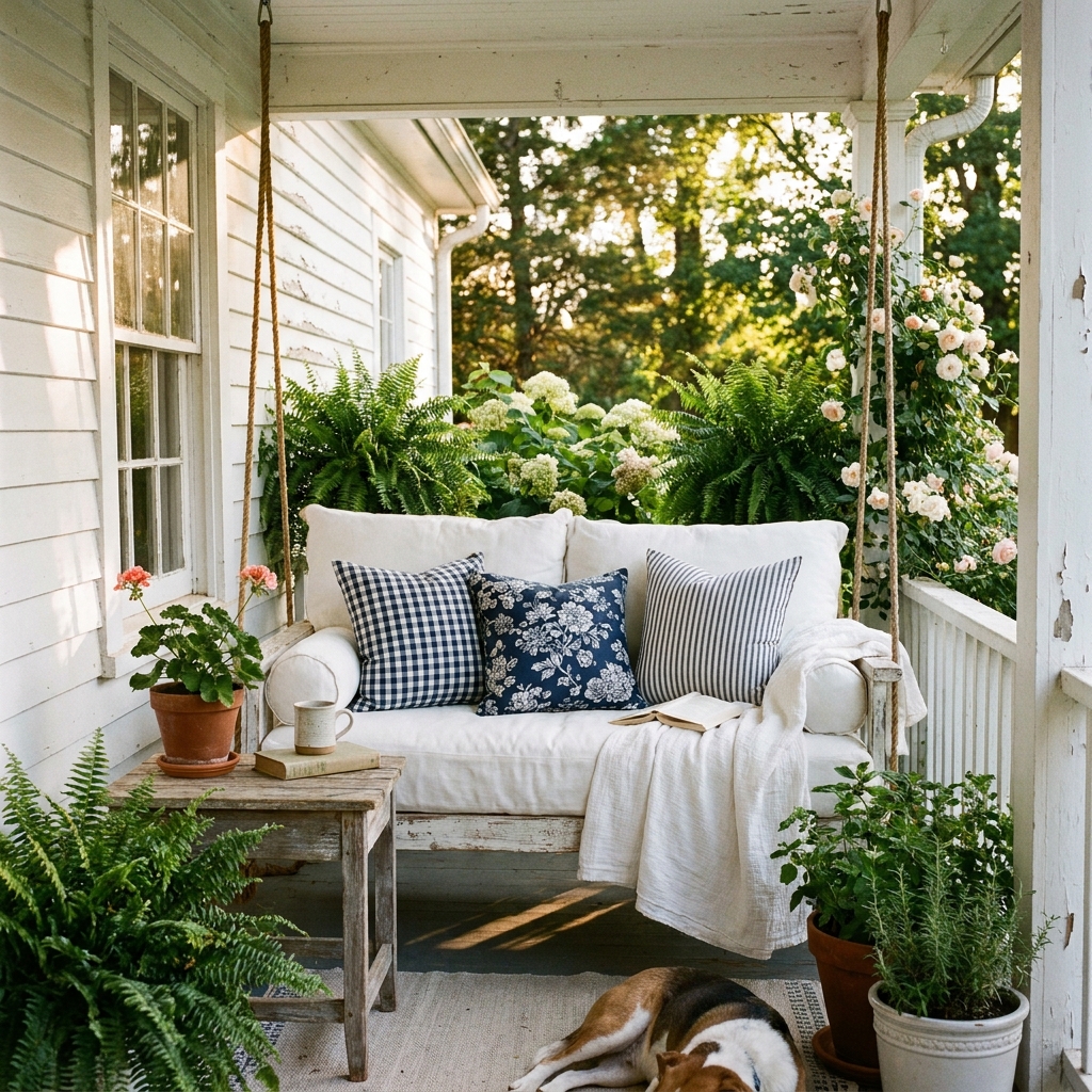 14 Secret Front Porch & Entryway Ideas That Will Make Your Home the Most Welcoming on the Block (Wait Until You See #7!) Small farmhouse porch with a two-seater swing bed dressed in linen cushions and patterned throw pillows