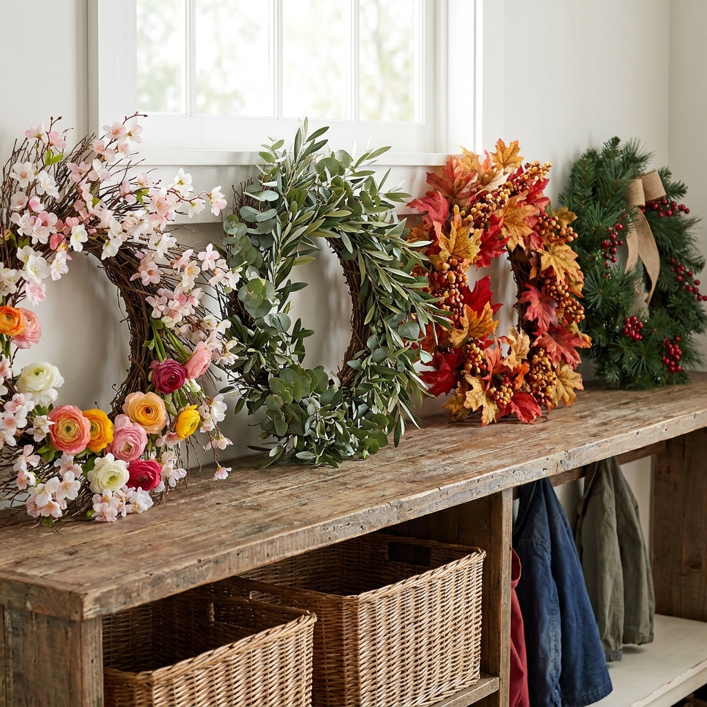 14 Secret Front Porch & Entryway Ideas That Will Make Your Home the Most Welcoming on the Block (Wait Until You See #7!) Collection of beautiful seasonal wreaths on a shelf — spring flowers, summer eucalyptus, fall leaves, winter berries