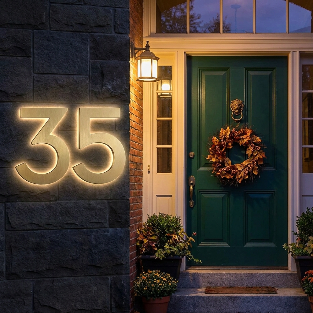14 Secret Front Porch & Entryway Ideas That Will Make Your Home the Most Welcoming on the Block (Wait Until You See #7!) Backlit LED house numbers in brushed brass mounted beside a gorgeous painted front door at dusk