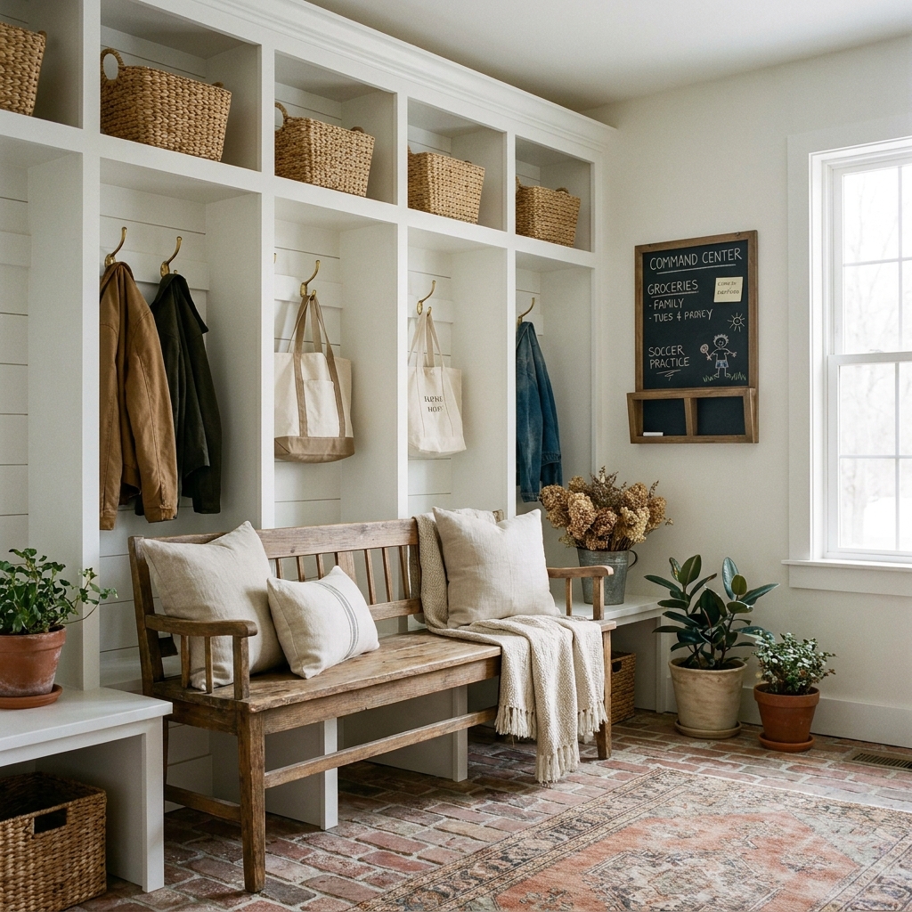 14 Secret Front Porch & Entryway Ideas That Will Make Your Home the Most Welcoming on the Block (Wait Until You See #7!) Organized mudroom entryway with cubbies, hooks, baskets and a family command center chalkboard
