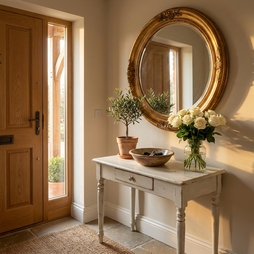 14 Secret Front Porch & Entryway Ideas That Will Make Your Home the Most Welcoming on the Block (Wait Until You See #7!) Gorgeous round gilded mirror above a small entryway console table with fresh flowers and a decorative bowl for keys