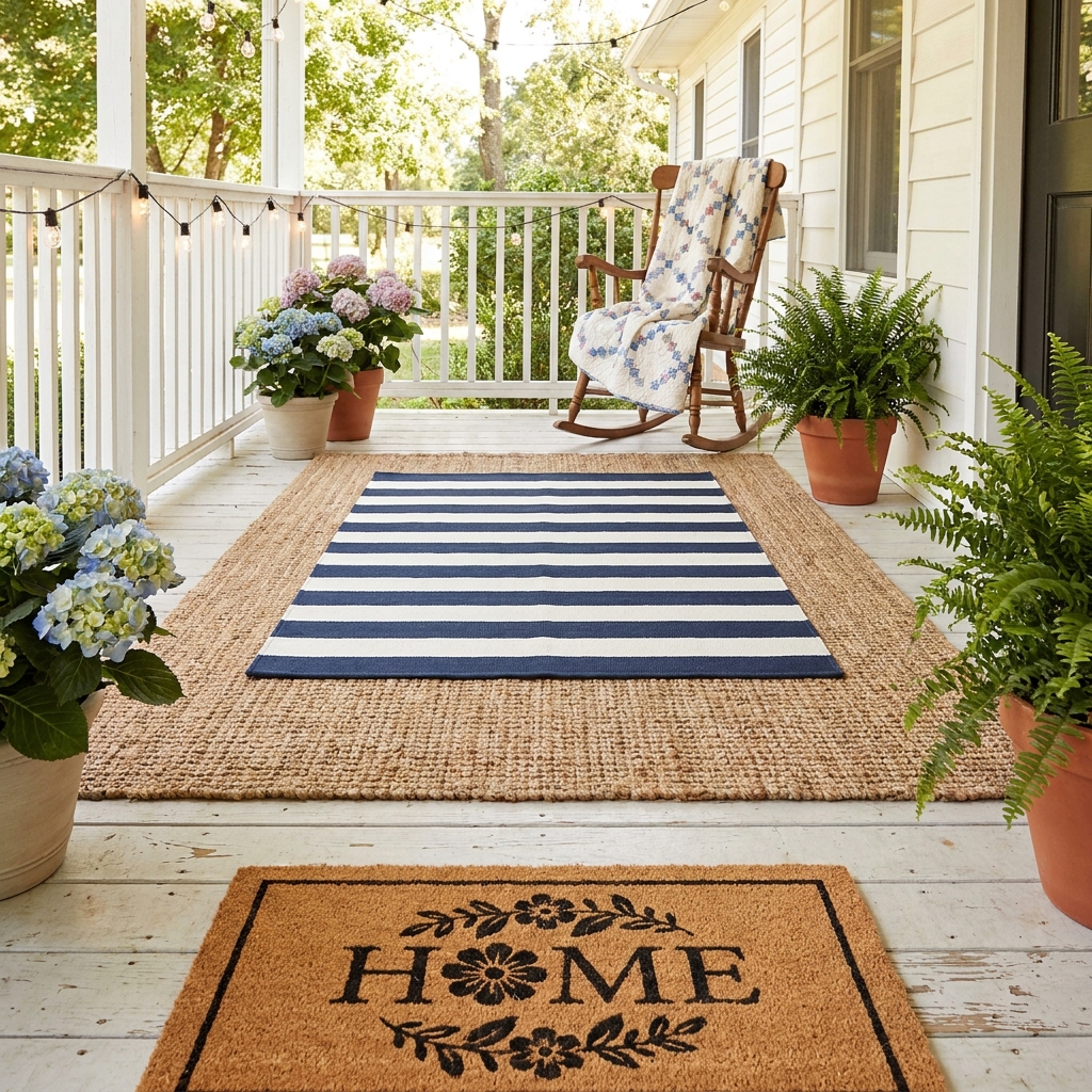 14 Secret Front Porch & Entryway Ideas That Will Make Your Home the Most Welcoming on the Block (Wait Until You See #7!) Beautiful layered doormat setup on a farmhouse porch with an outdoor rug, coir mat and decorative runner