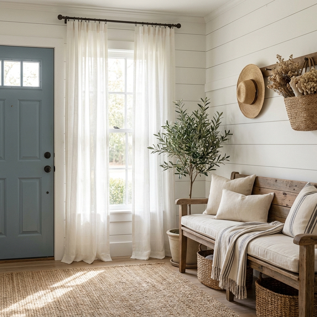 14 Secret Front Porch & Entryway Ideas That Will Make Your Home the Most Welcoming on the Block (Wait Until You See #7!) Light and airy entryway with sheer linen curtains framing a sidelight window beside the front door
