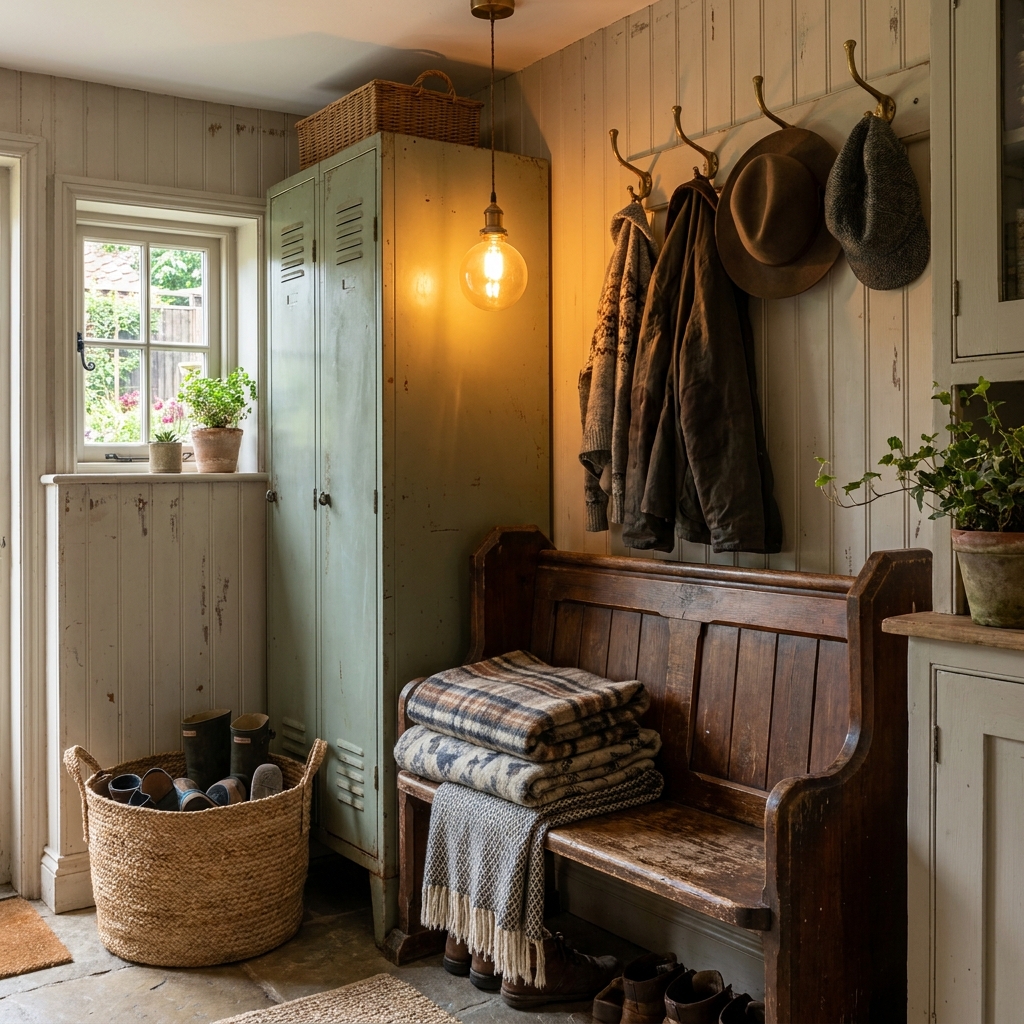14 Secret Front Porch & Entryway Ideas That Will Make Your Home the Most Welcoming on the Block (Wait Until You See #7!) Vintage industrial locker and antique bench in a farmhouse mudroom entryway with charming accessories