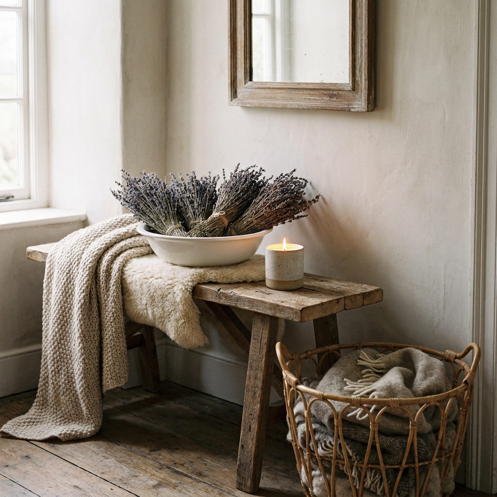 14 Secret Front Porch & Entryway Ideas That Will Make Your Home the Most Welcoming on the Block (Wait Until You See #7!) Charming entryway with a rustic bench, dried lavender bundles and a soy candle glowing warmly on a shelf