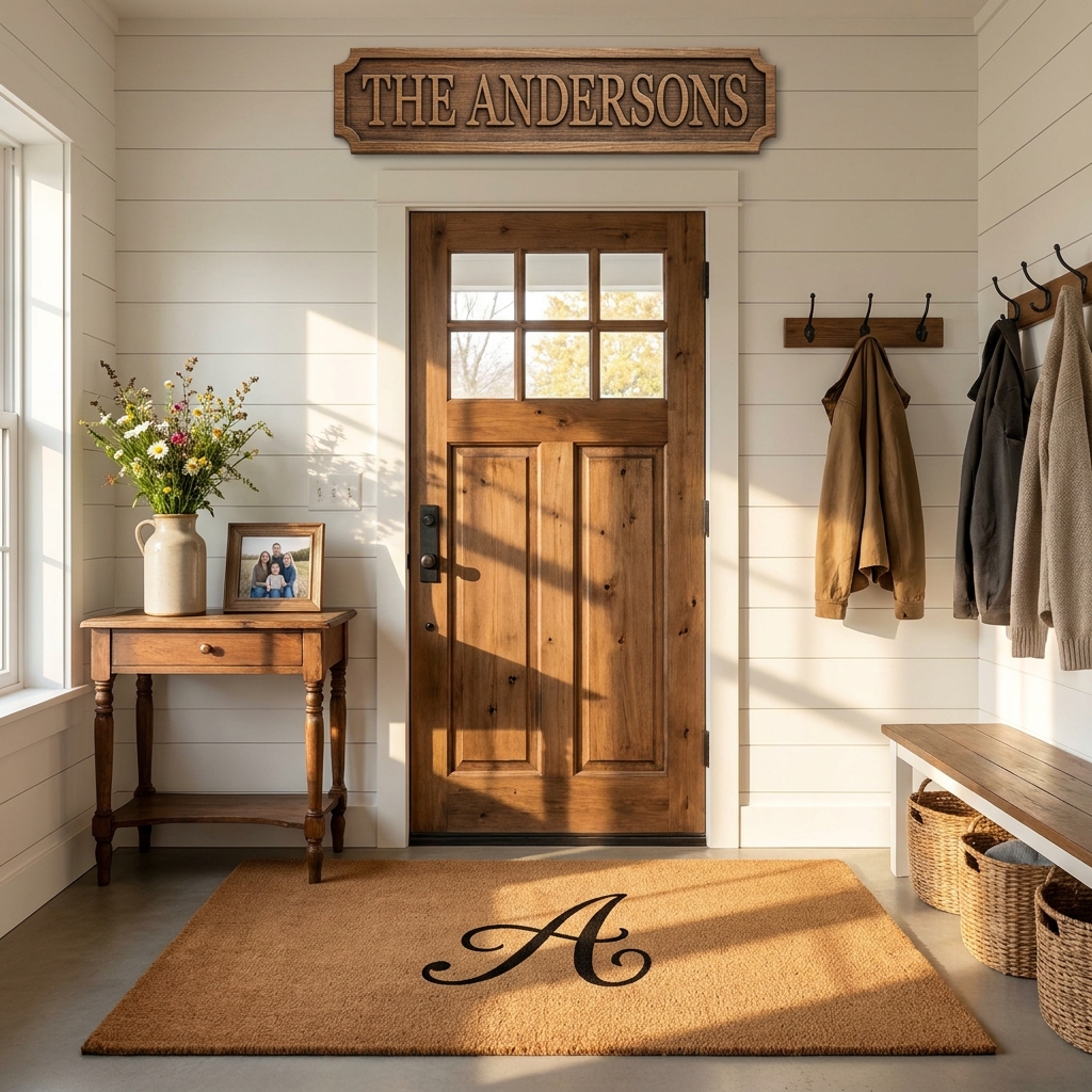 14 Secret Front Porch & Entryway Ideas That Will Make Your Home the Most Welcoming on the Block (Wait Until You See #7!) Personalized entryway with a custom family name sign, monogrammed doormat and framed family photos on the wall