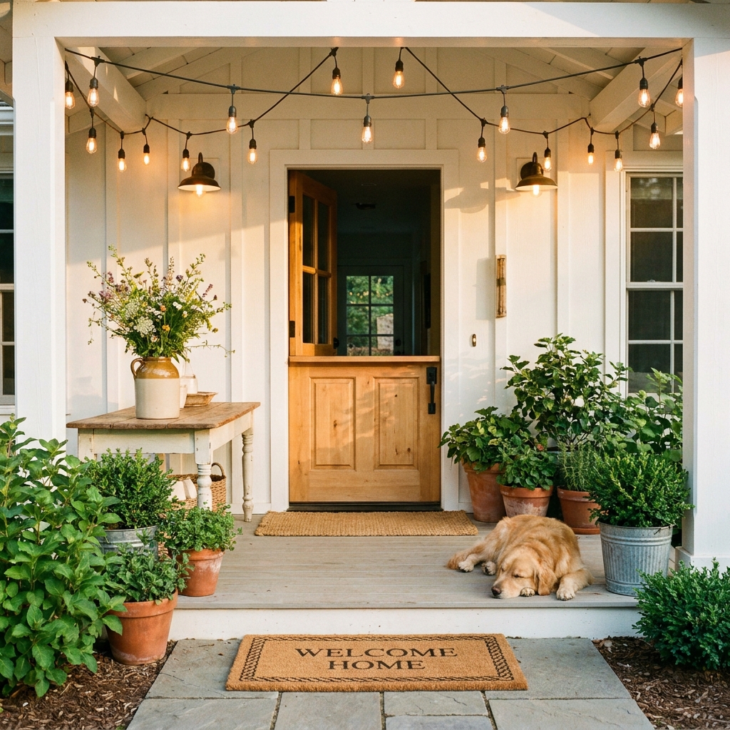14 Secret Front Porch & Entryway Ideas That Will Make Your Home the Most Welcoming on the Block (Wait Until You See #7!) Beautiful cottage entryway at golden hour — warm lighting, lush greenery and a clearly loved and welcoming front porch
