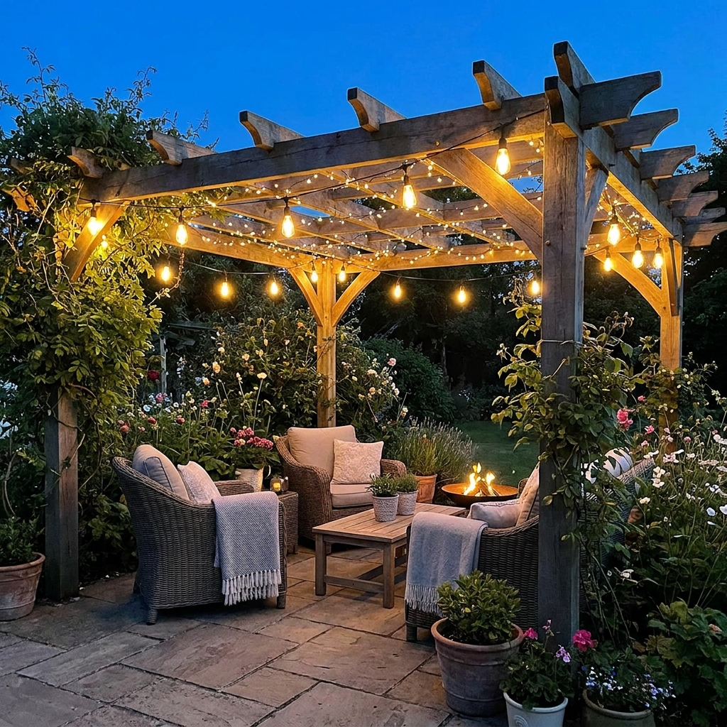 Edison bulb string lights draped across wooden pergola over cozy patio seating, warm evening ambiance, firefly glow