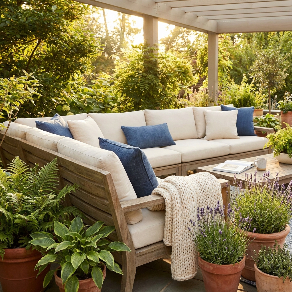 Cozy outdoor patio sectional sofa with cream cushions, chunky knit throw, lush plants and lavender in terracotta pots