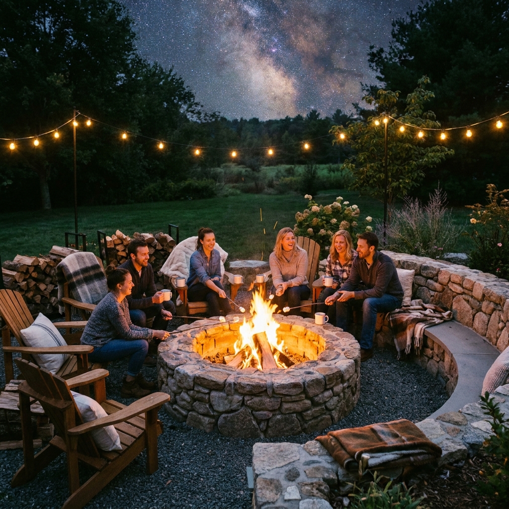 Backyard fire pit area with circular stone seating, Adirondack chairs, marshmallow roasting, warm glow, starry night