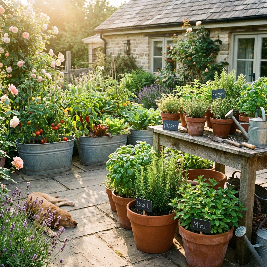 Potted herb garden and vegetable plants on sunny backyard patio, galvanized metal tubs, terracotta pots with basil rosemary