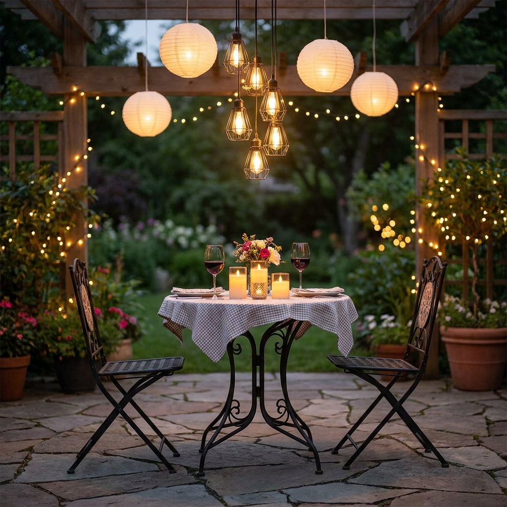 Outdoor bistro table set for two with lanterns, wine glasses, fairy lights, romantic patio dining at dusk