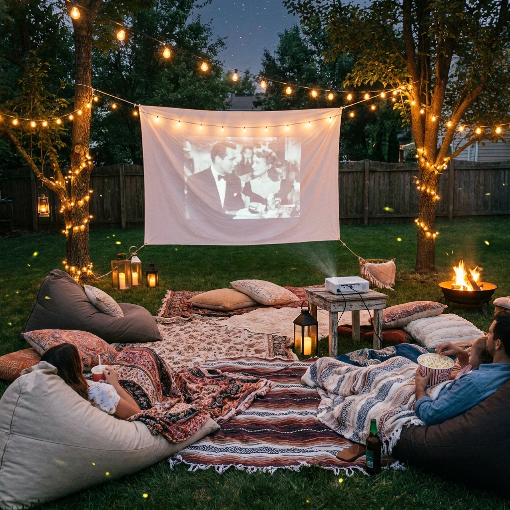 Outdoor movie screen setup in backyard with bean bags, blankets, string lights, cozy nighttime outdoor cinema
