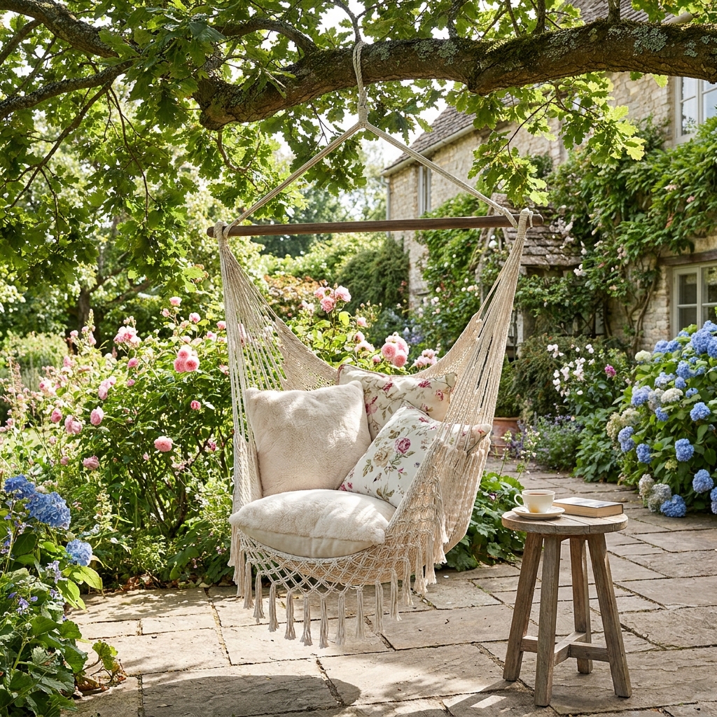 Hammock chair hanging from tree on peaceful backyard patio with cushions, surrounded by flower garden with roses and hydrangeas