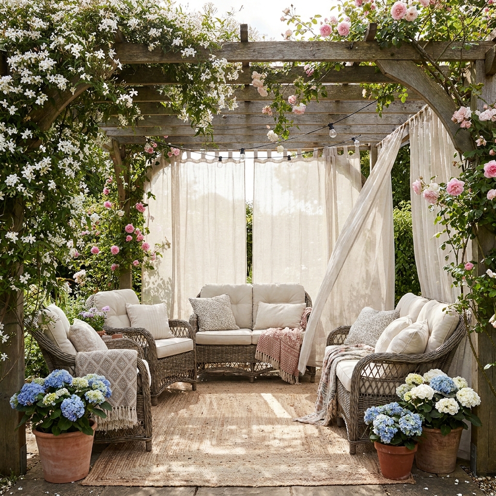 Outdoor wooden pergola draped with climbing jasmine and roses, shaded patio seating, billowing curtains, dreamy cottagecore garden