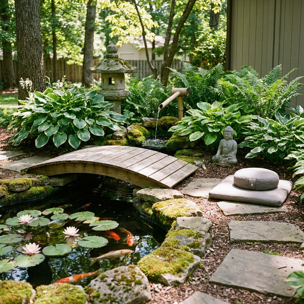 Backyard water feature with decorative stones, mini bridge, water lilies, surrounded by lush Hostas and ferns, peaceful zen garden