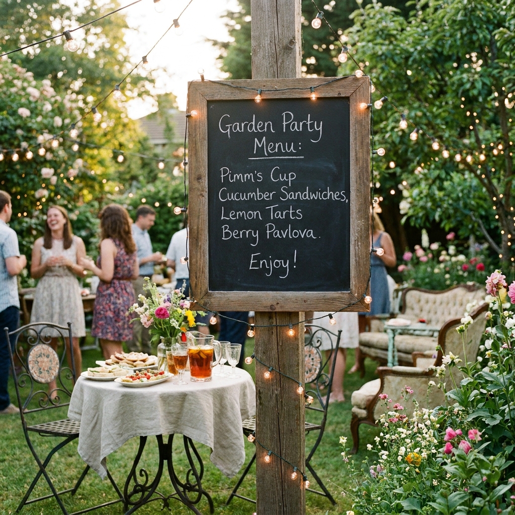 Outdoor chalkboard bar station with wooden cart, vintage glasses, fresh flowers, bistro candles, charming patio entertaining
