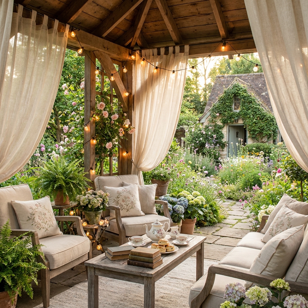 Outdoor pavilion gazebo with billowing sheer curtains, comfortable seating, string lights, books, afternoon tea, storybook garden