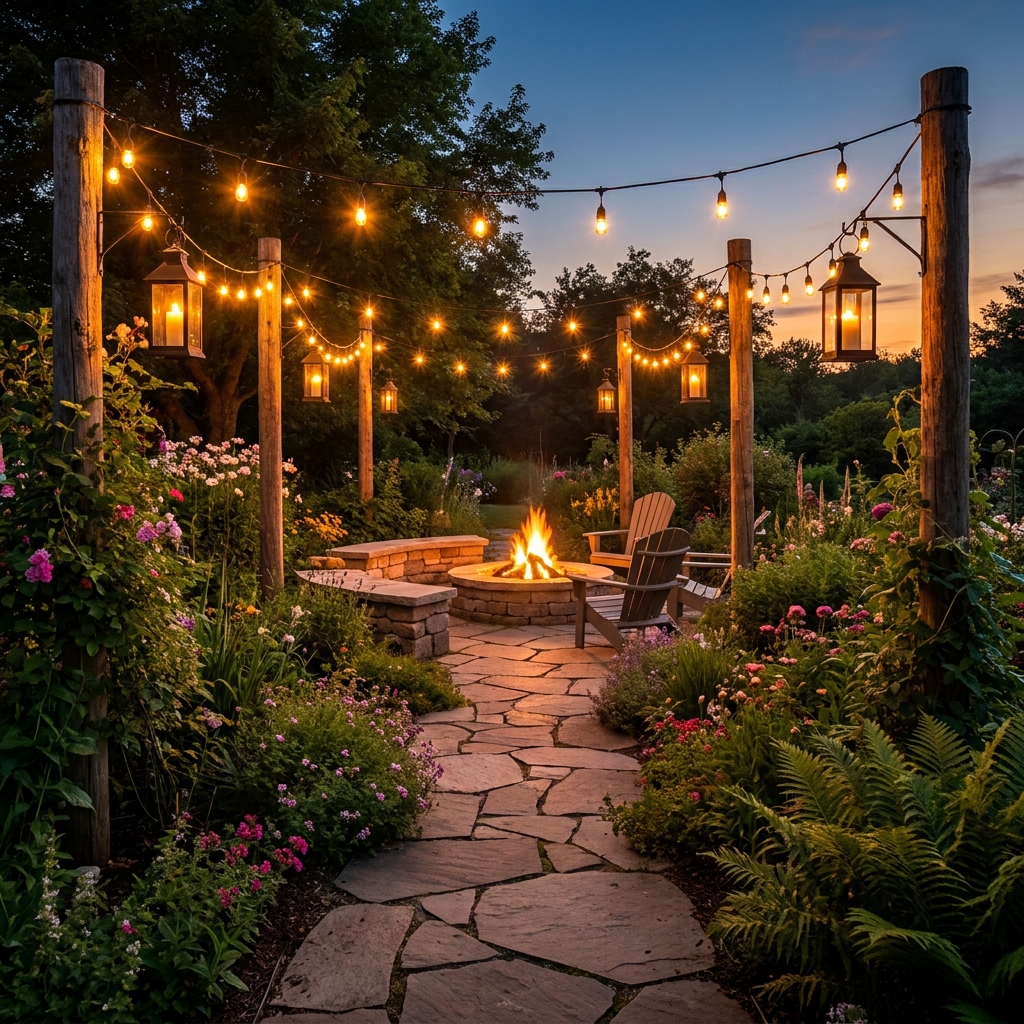 Garden walkway with hanging lanterns and string lights between wooden posts, glowing warmly at dusk through flower garden