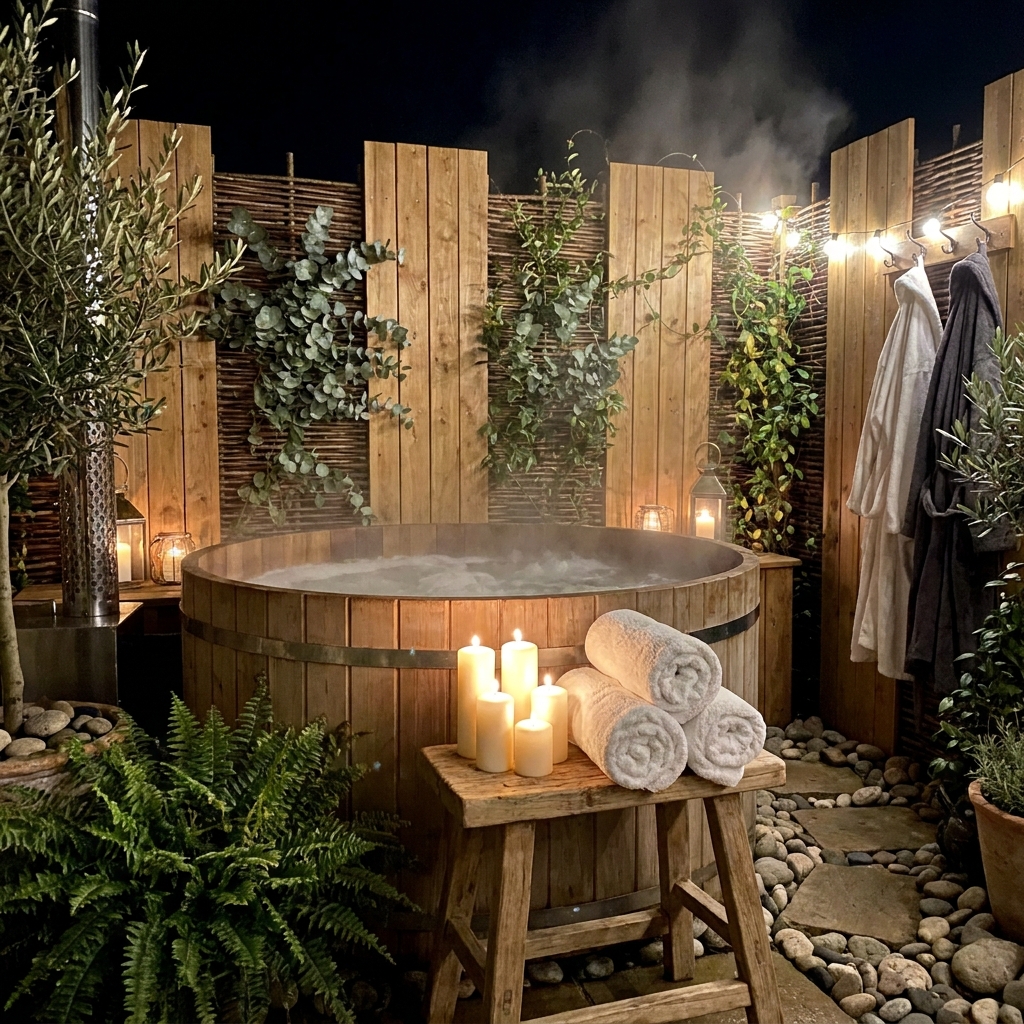 Backyard hot tub area with wooden privacy screening, eucalyptus branches, candles, fluffy towels, steaming water, spa-like evening retreat