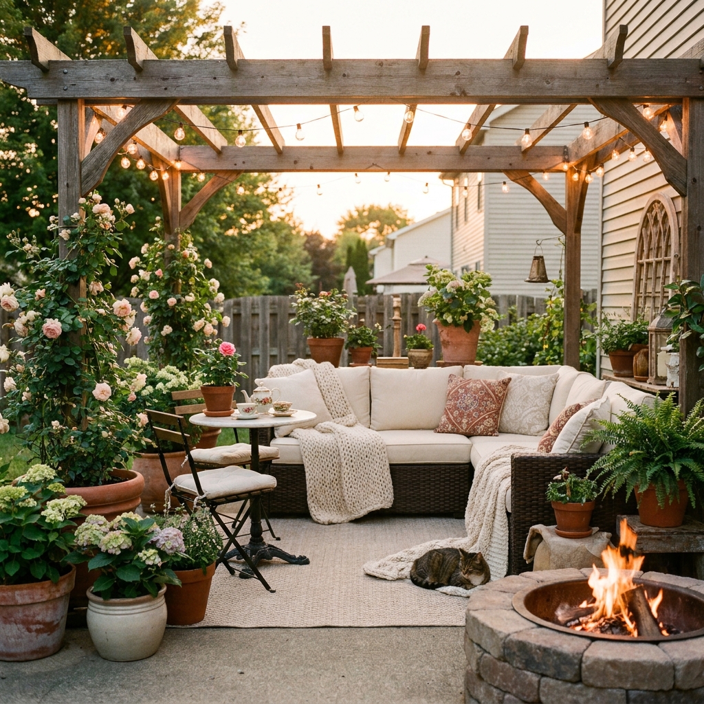 Backyard patio with fairy light trees glowing warmly, string lights, wicker furniture, lush plants, magical golden hour glow