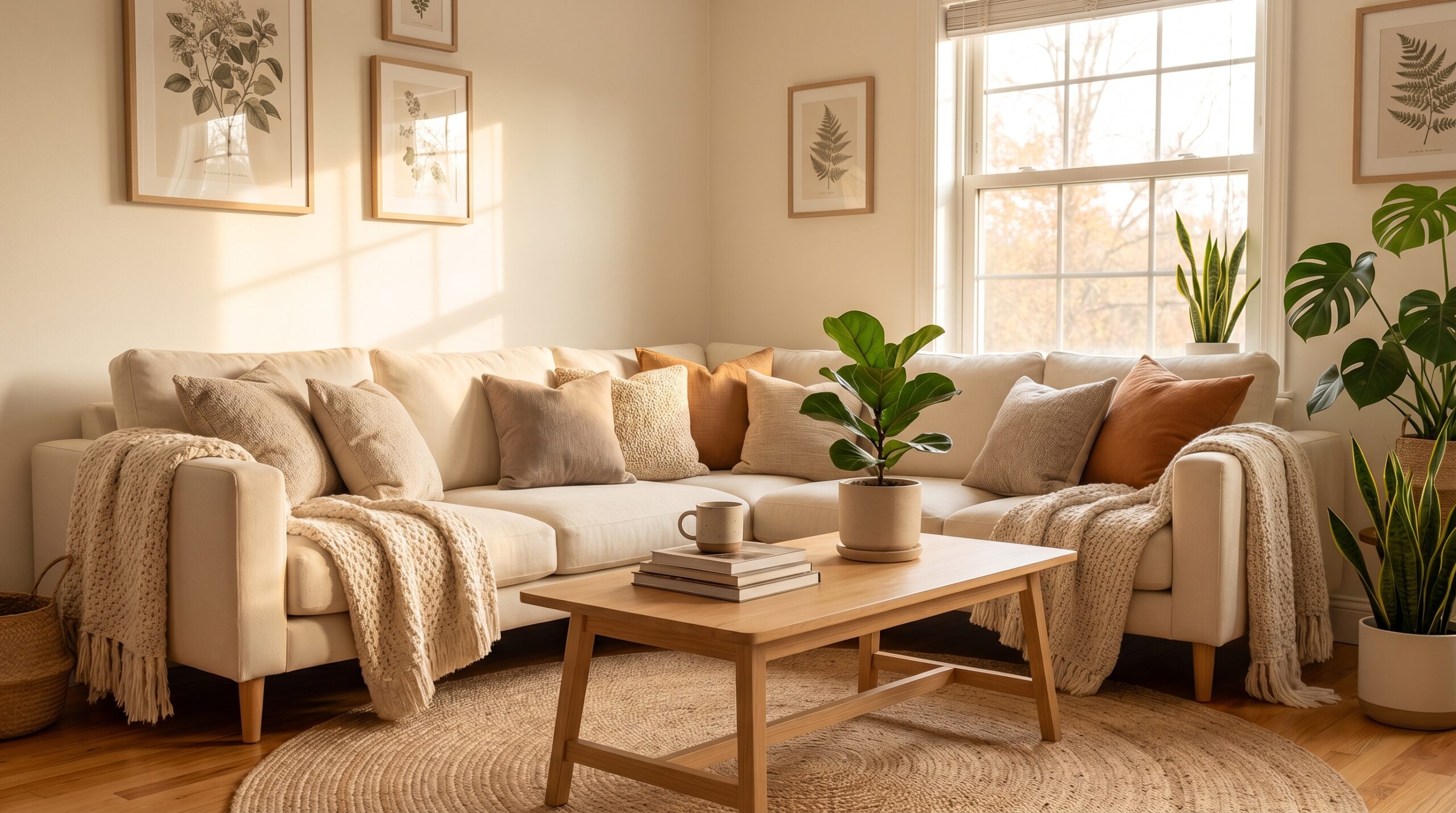 Cozy farmhouse breakfast nook with soft blue cushions, natural wood table, and morning sunlight streaming through windows