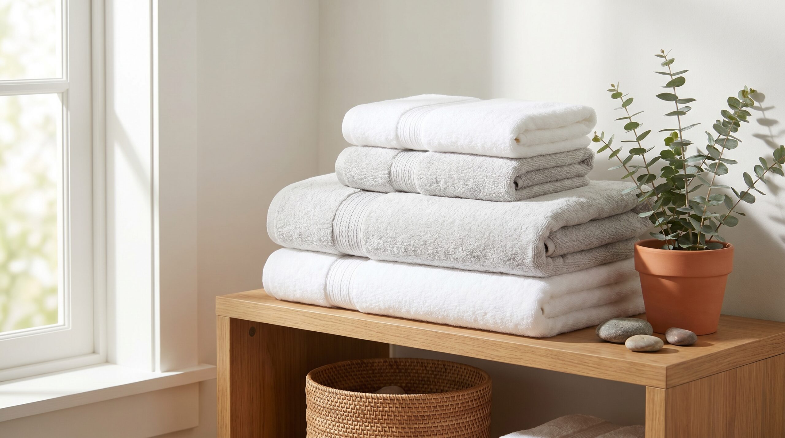 Spa-like bathroom nook with fluffy towels and eucalyptus