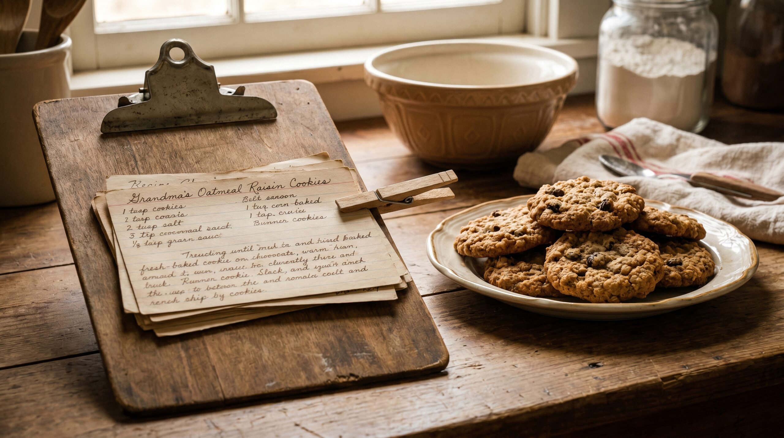 Vintage recipe cards displayed on rustic clipboard in kitchen
