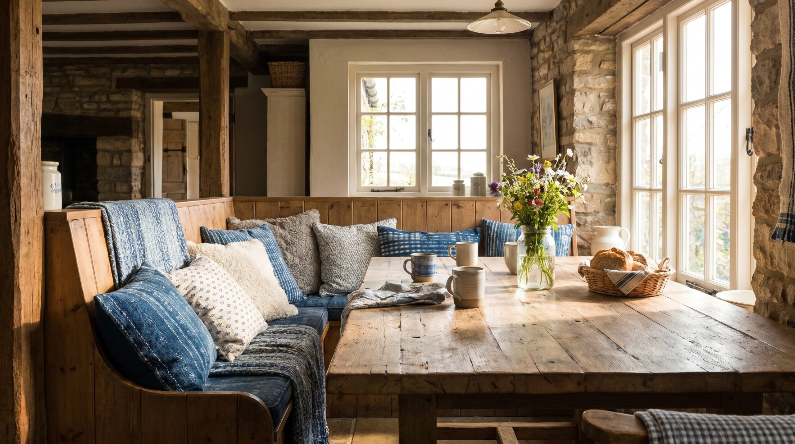 Farmhouse breakfast nook with blue cushions and natural wood table