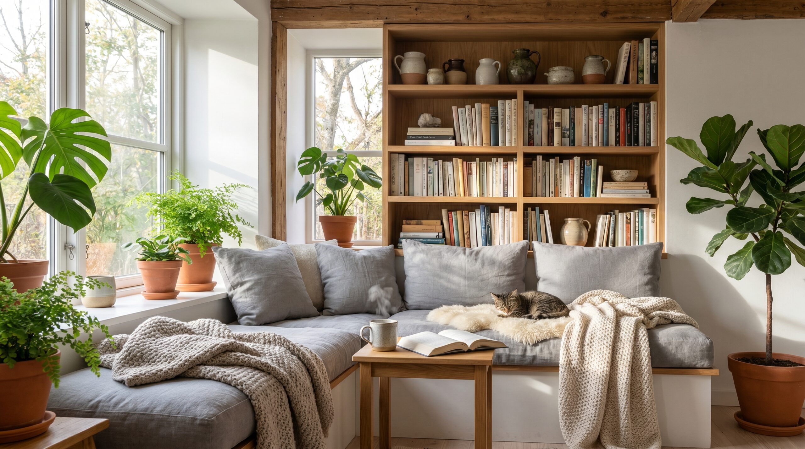 Bright window seat breakfast nook with gray cushions and bookshelf