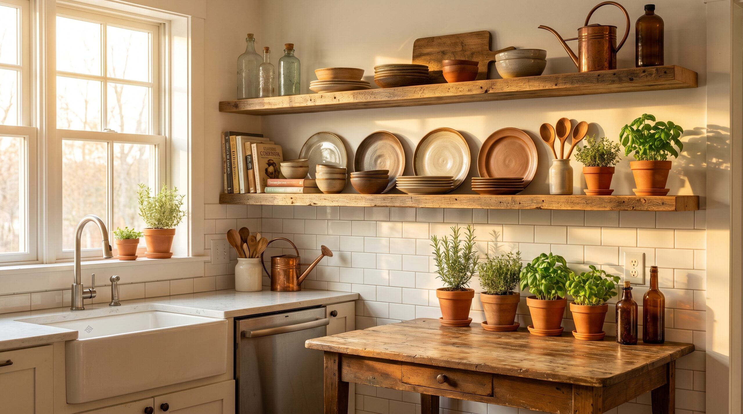 Kitchen with open floating shelves above breakfast nook