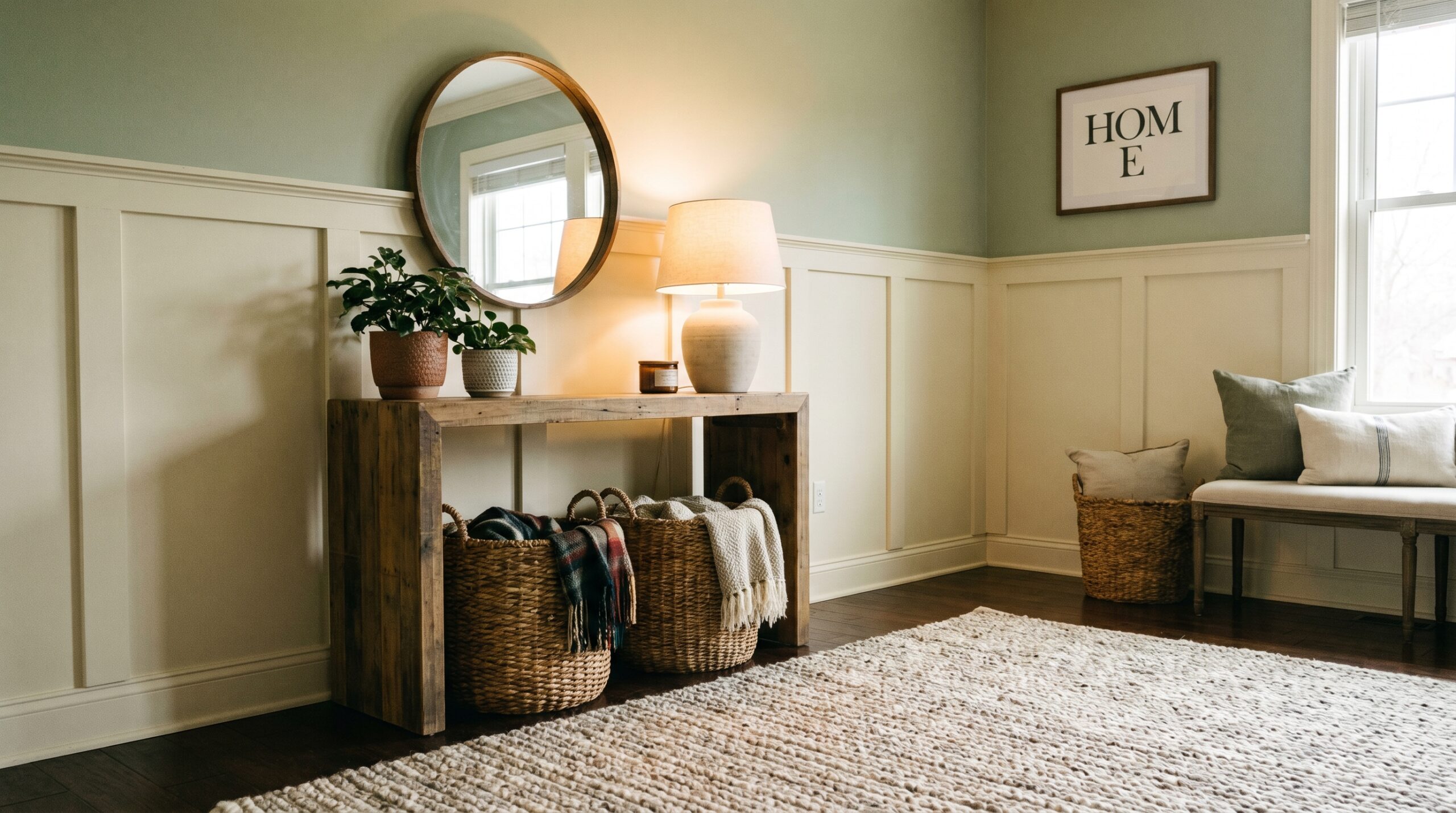 Entryway breakfast nook with wainscoting and woven baskets