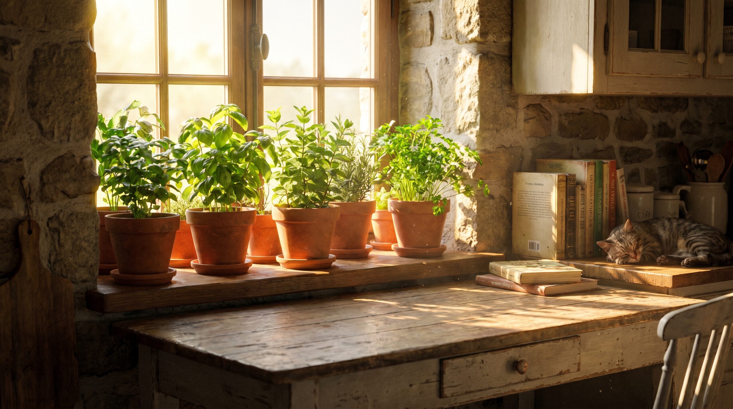 Kitchen windowsill with potted herbs for breakfast nook