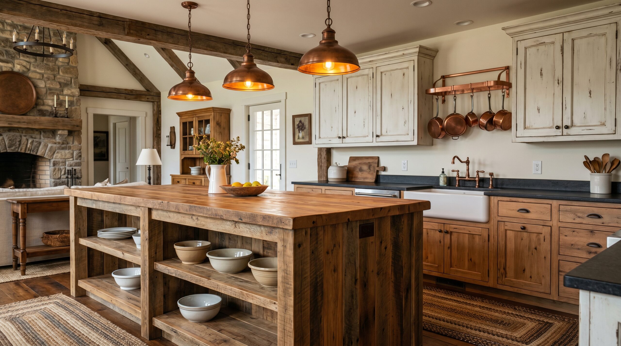 Vintage copper pendant lights above breakfast nook