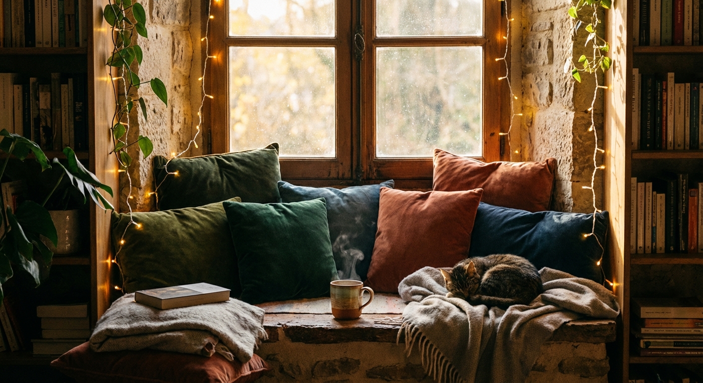 Cozy window seat reading nook