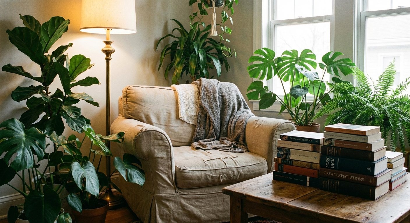 Oversized armchair and indoor plants