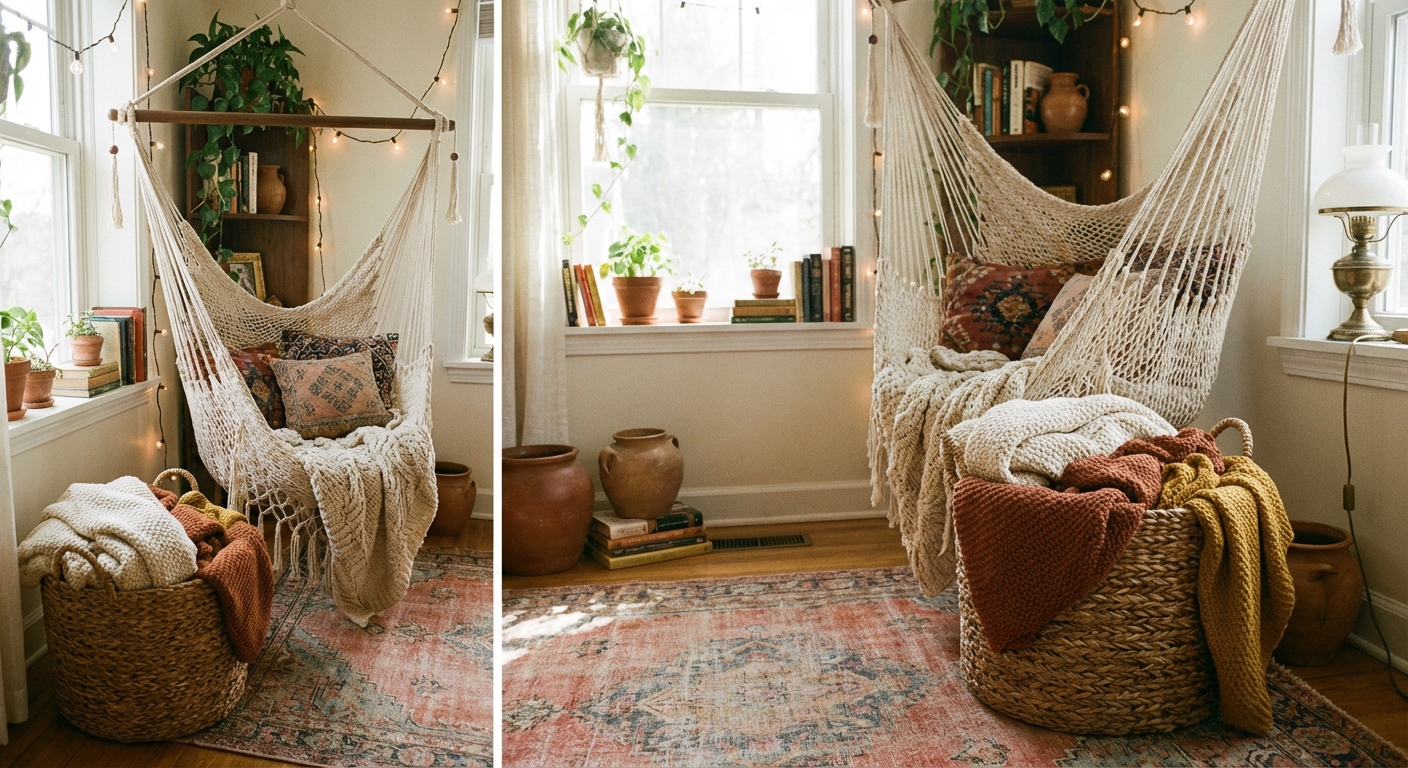 Boho-chic reading corner with a hanging macrame hammock chair