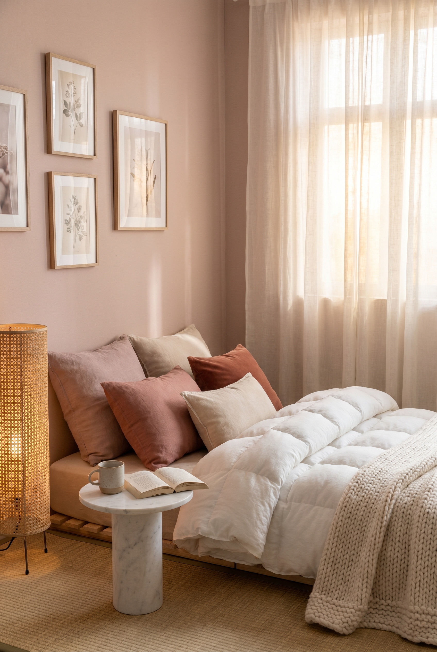 Cozy reading nook with layered cushions