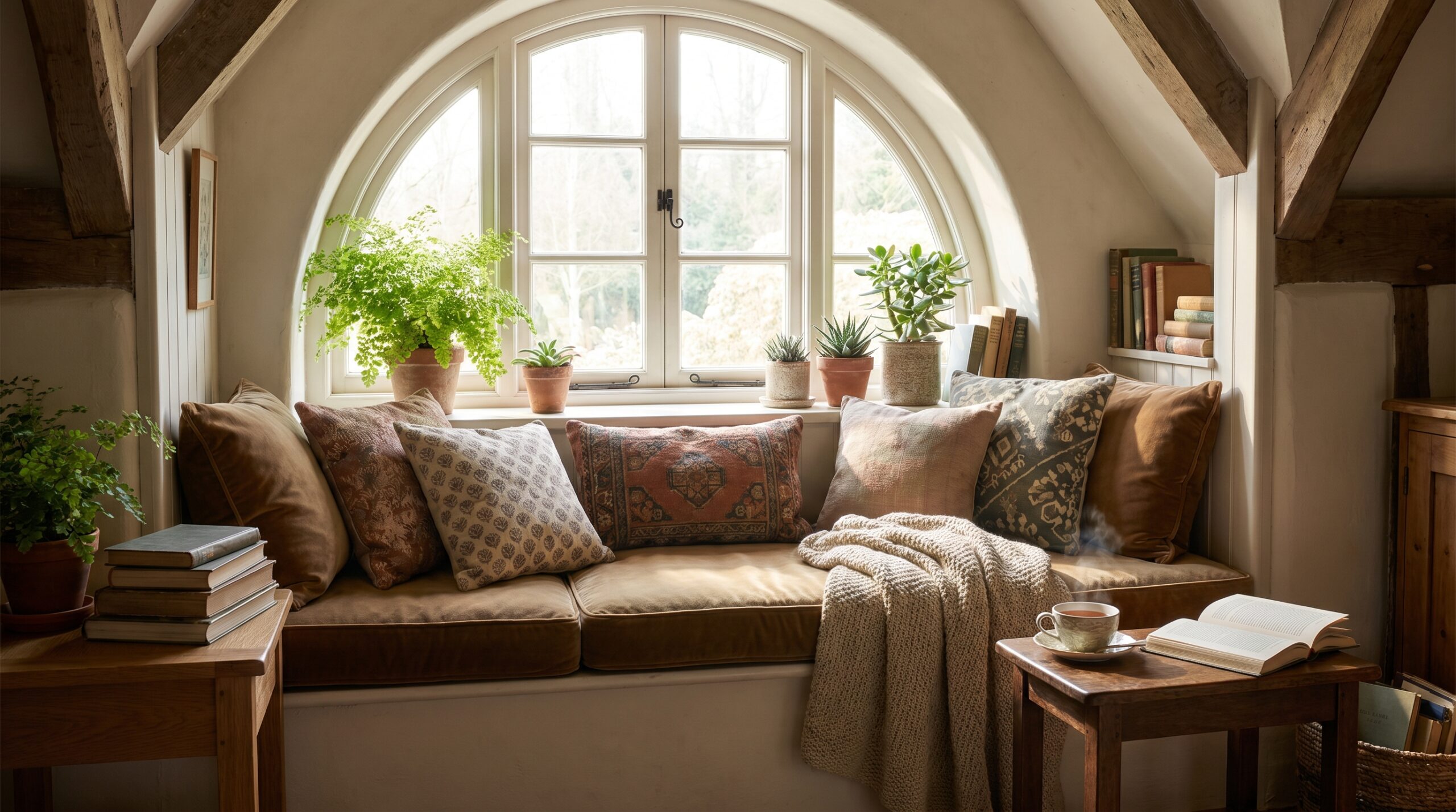 A Dreamy Window Seat with Cushions and Books