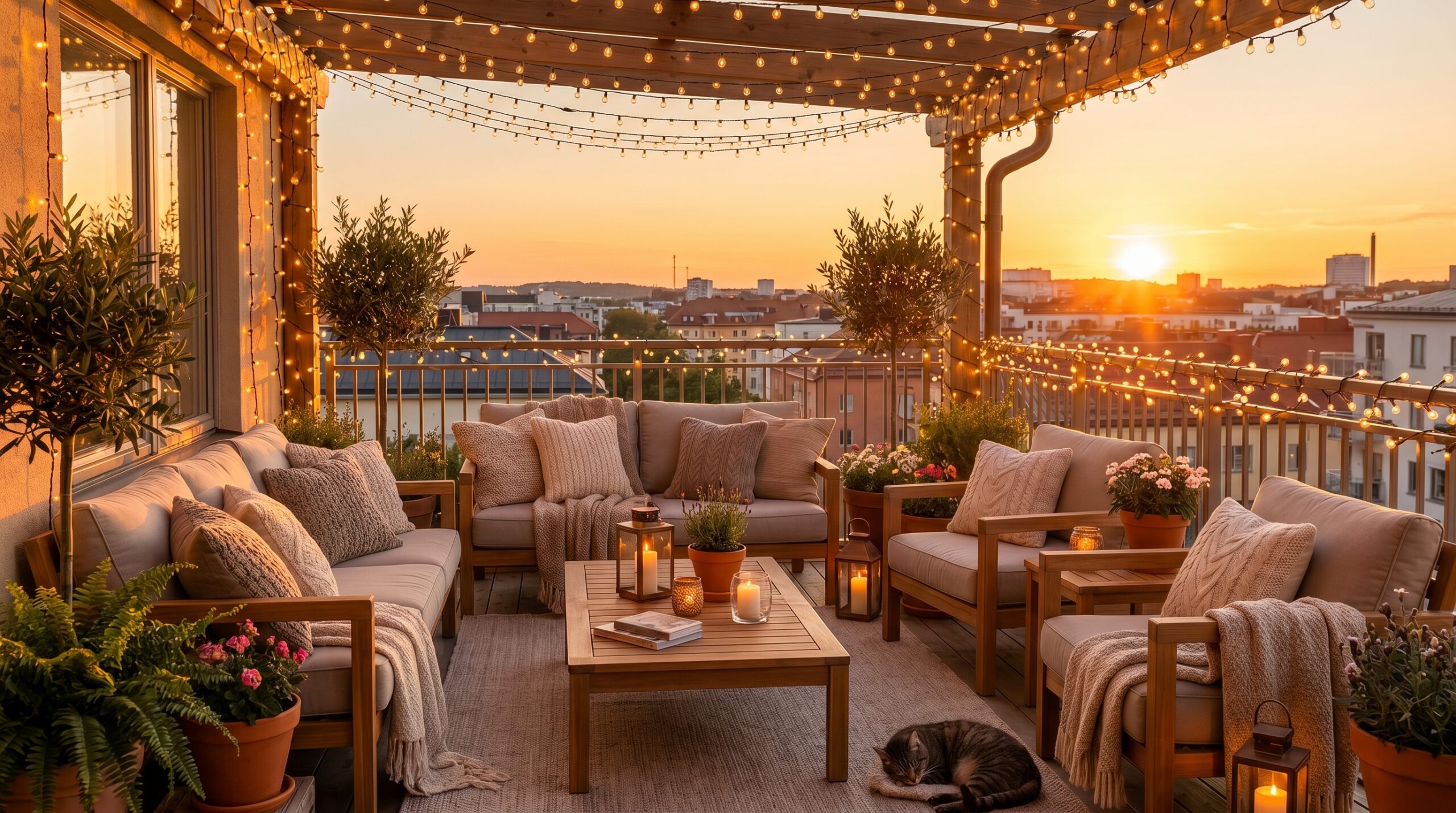 Balcony String Lights at Golden Hour