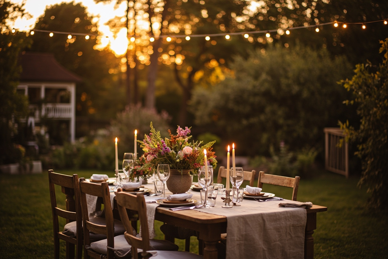 Outdoor dining under string lights