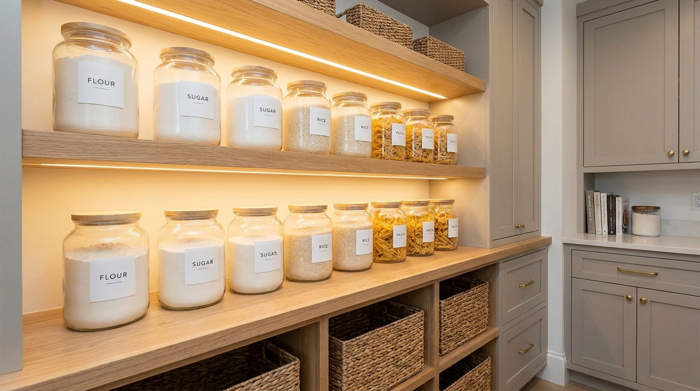 15 Genius Pantry Organization Ideas for a Chef-Ready Kitchen Modern pantry shelf with clear uniform labeled glass jars of flour, sugar, rice and pasta