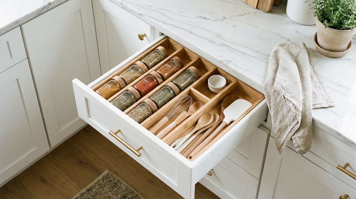 15 Genius Pantry Organization Ideas for a Chef-Ready Kitchen Pull-out kitchen drawer organizer with wooden dividers separating spice jars and utensils