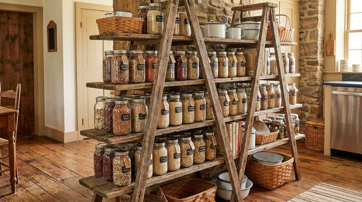 15 Genius Pantry Organization Ideas for a Chef-Ready Kitchen Vintage wooden ladder shelf repurposed as kitchen pantry storage with mason jars of dried beans