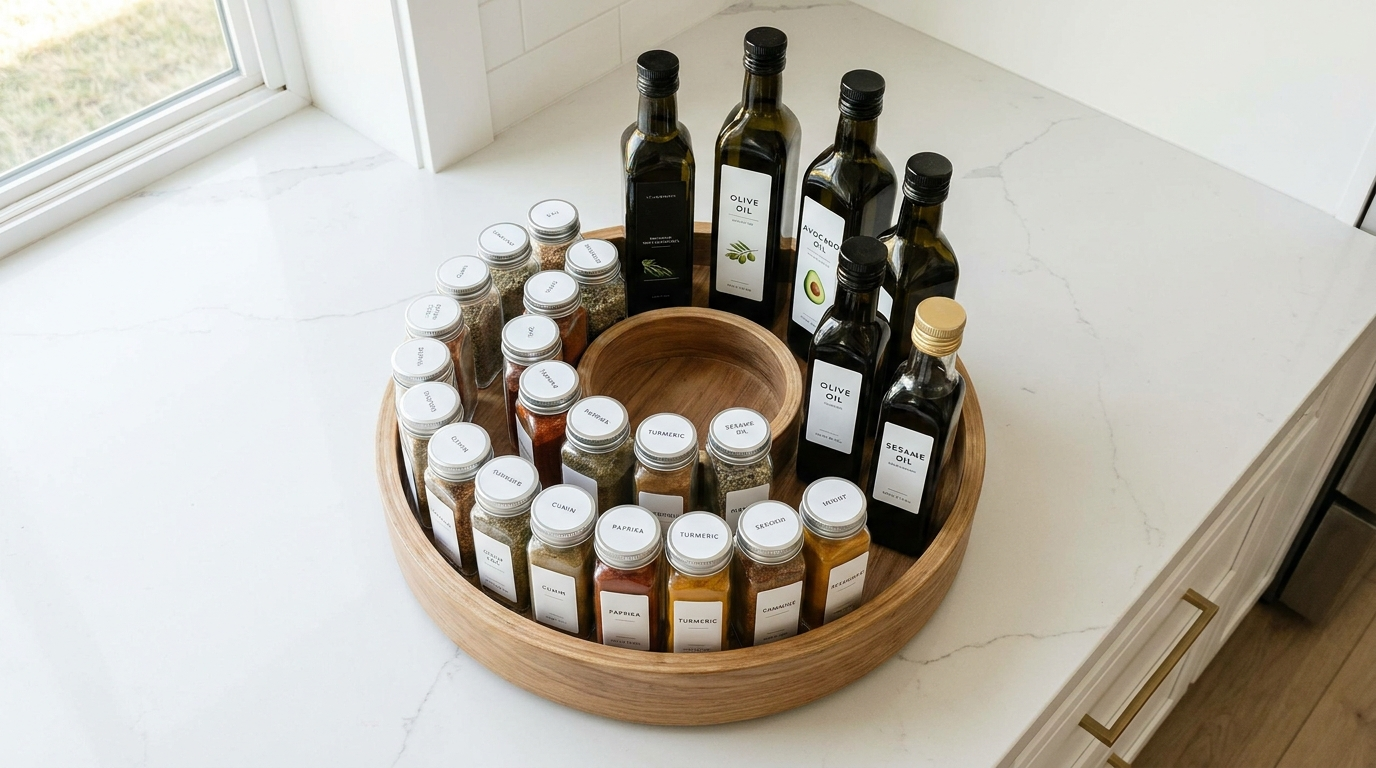15 Genius Pantry Organization Ideas for a Chef-Ready Kitchen Lazy susan turntable filled with spice jars and oil bottles on a white kitchen counter